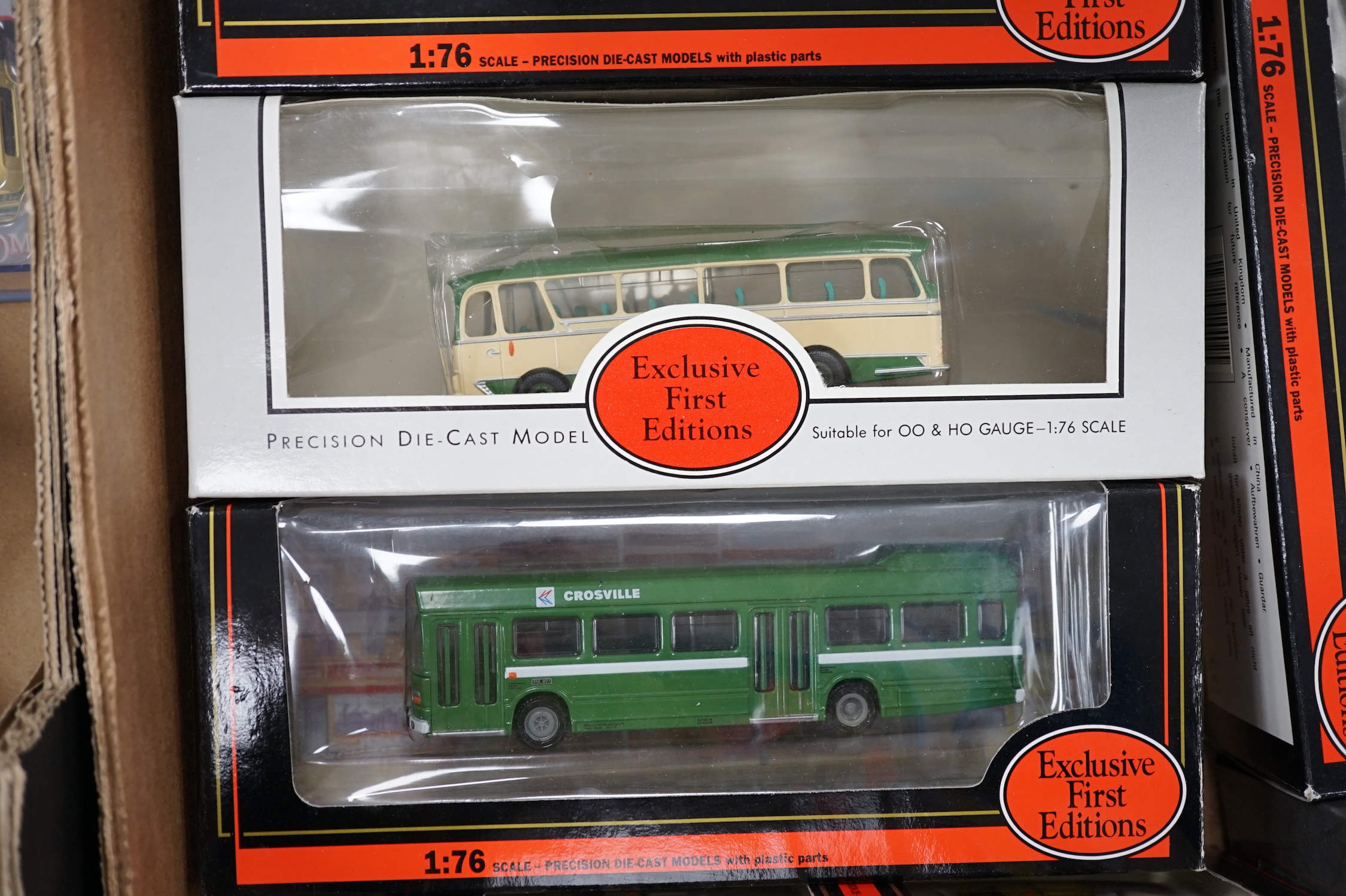 Thirty-two boxed EFE diecast buses, coaches, gift sets, etc. and one Britbus, operators including; East Kent, green line, Hants and Dorset, Southdown, National express, etc.